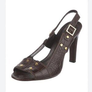 TORY BURCH 9M NAOMI Brown Croc Embossed Leather Slingback Heels
